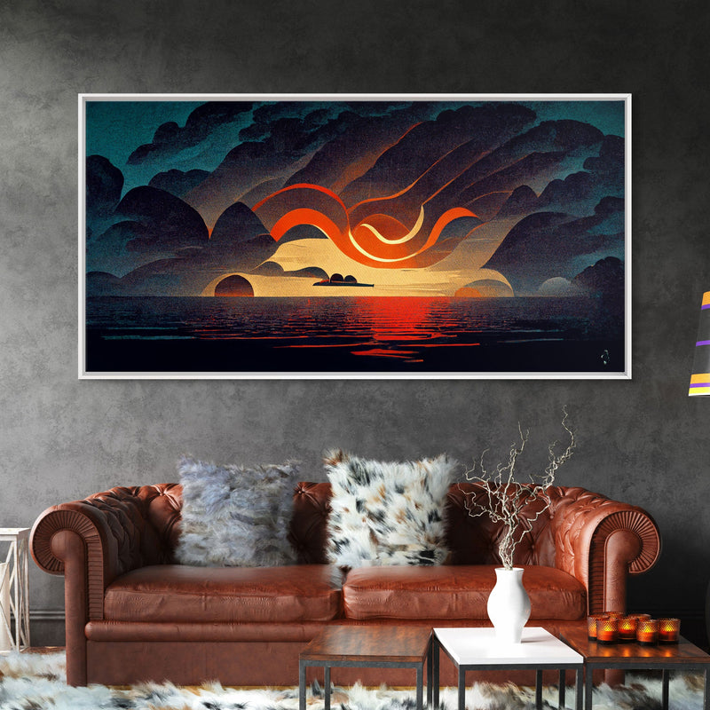 Abstract art deco sunset canvas print, sunset over the vast ocean, living room art