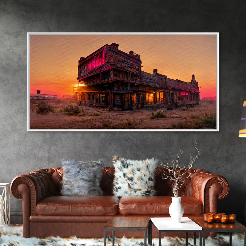 Abandoned wild west saloon at sunset canvas print, travel photography art, outrun sunset ready to hang wall art