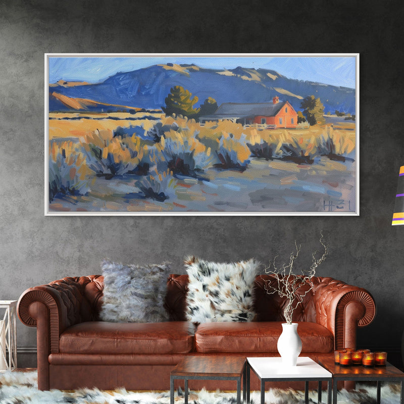 Rustic Cabin in Open Field, Framed Canvas Print, Ideal for Living Room Art, Country Style Home Decor, Cozy Bedroom Wall Art
