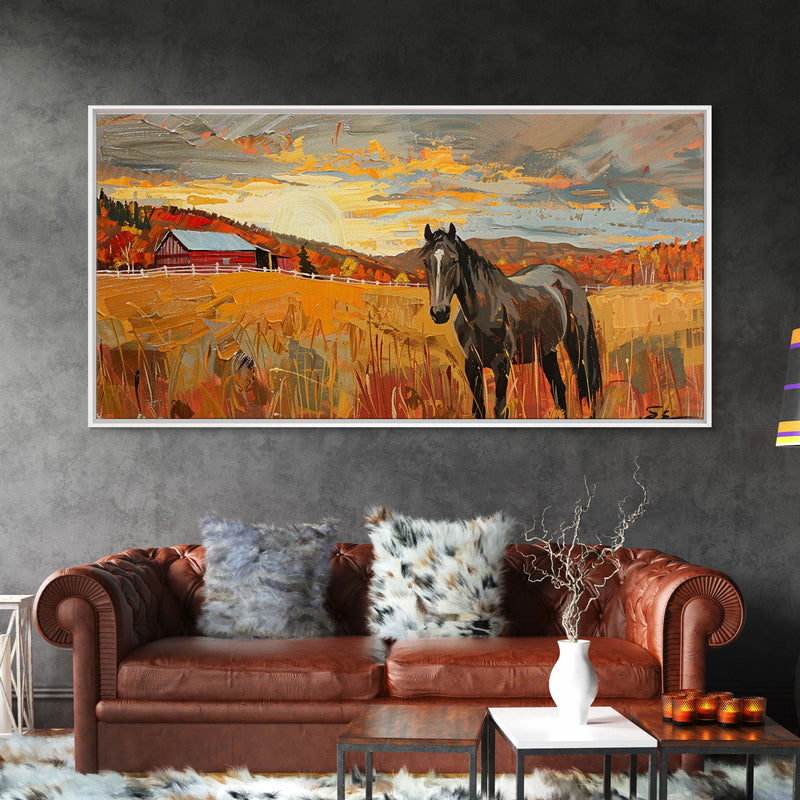 Black Horse in Autumn Field with Red Barn, Perfect Farmhouse Art, Framed Canvas Print, Rustic Wall Decor, Living Room Decoration