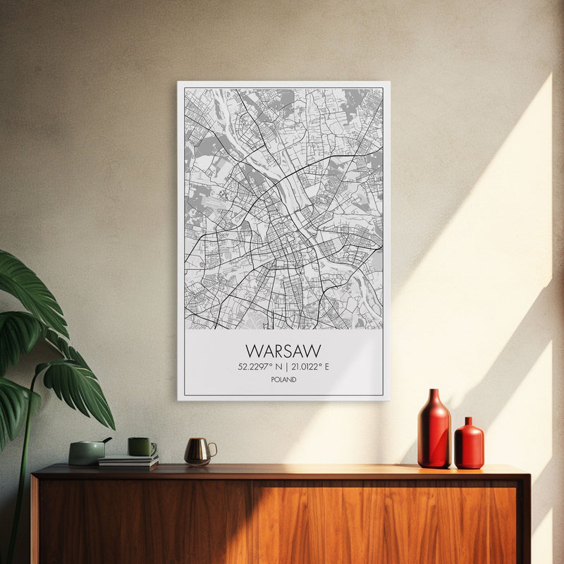 Warsaw Street Map, Poland Map, Europe City Map Print, Minimalist Art, Wall Art, Canvas Print, Living Room Wall Art, Friends Gift, Travel Art