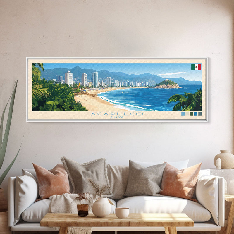 Acapulco, Mexico Travel Poster Panoramic Canvas Print, Acapulco, Mexico Painting, Mexico Art, Acapulco Travel Art, Guest Room Painting