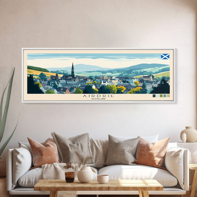 Airdrie, Scotland Travel Poster Panoramic Canvas Print, Airdrie, Scotland Painting, Scotland Art, Airdrie Travel Art, Guest Room Painting