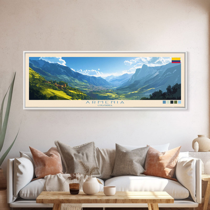 Armenia, Colombia Panoramic Travel Poster Canvas Print, Armenia, Colombia Painting, Colombia Art, Armenia Panoramic Travel Art, Travel Painting