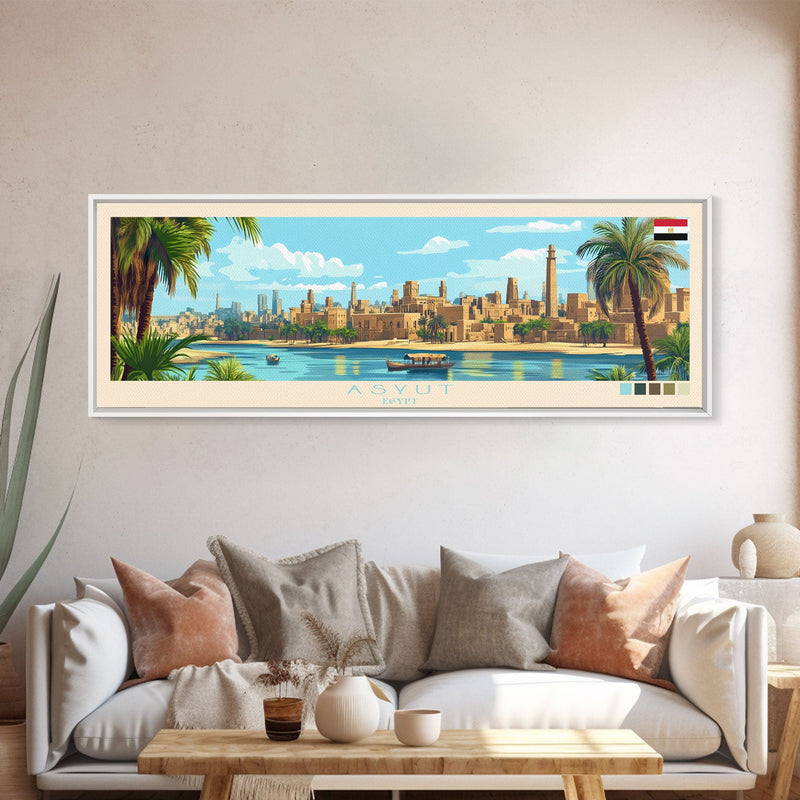 Asyut, Egypt Travel Poster Panoramic Canvas Print, Asyut, Egypt Painting, Egypt Art, Asyut Travel Art, Guest Room Painting