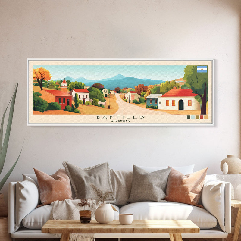 Banfield, Argentina Panoramic Travel Poster Canvas Print, Banfield, Argentina Painting, Argentina Art, Banfield Panoramic Travel Art, Travel Painting