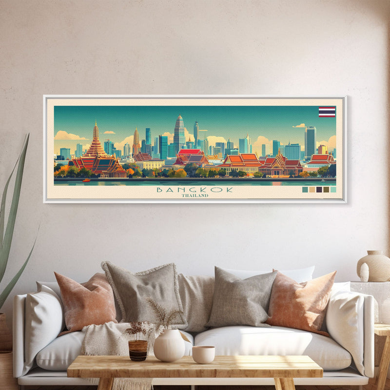 Bangkok, Thailand Travel Poster Panoramic Canvas Print, Bangkok, Thailand Painting, Thailand Art, Bangkok Travel Art, Guest Room Painting