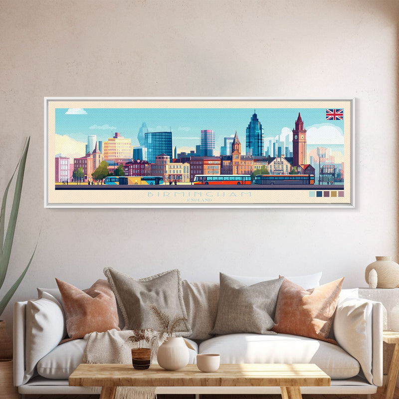 Birmingham, England Travel Poster Panoramic Canvas Print, Birmingham, England Painting, England Art, Birmingham Travel Art, Guest Room Painting