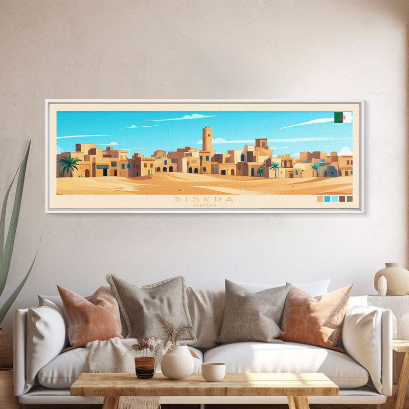 Biskra, Algeria Panoramic Travel Poster Canvas Print, Biskra, Algeria Painting, Algeria Art, Biskra Travel Art, Guest Room Painting