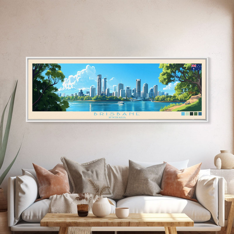 Brisbane, Australia Travel Poster Panoramic Canvas Print, Brisbane, Australia Painting, Australia Art, Brisbane Travel Art, Guest Room Painting