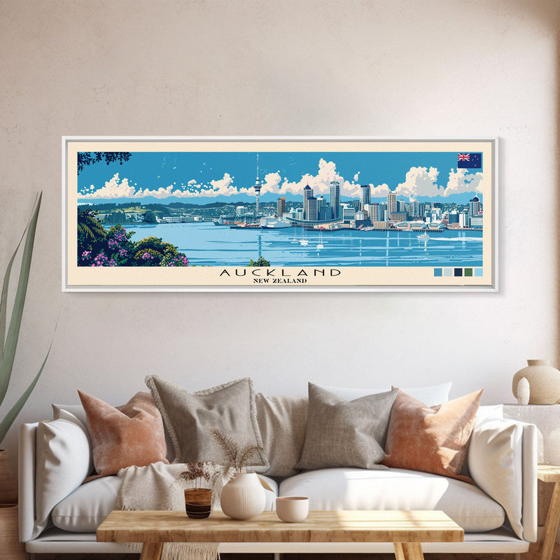 Auckland, New Zealand Panoramic Canvas Print, Auckland, New Zealand Painting, New Zealand Art, Auckland Travel Poster, Travel Art, Vacation Gift