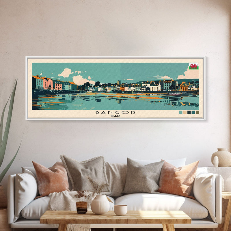 Bangor, Wales Panoramic Canvas Print, Bangor, Wales Painting, Wales Art, Bangor Travel Poster, Travel Art, Housewarming Gift