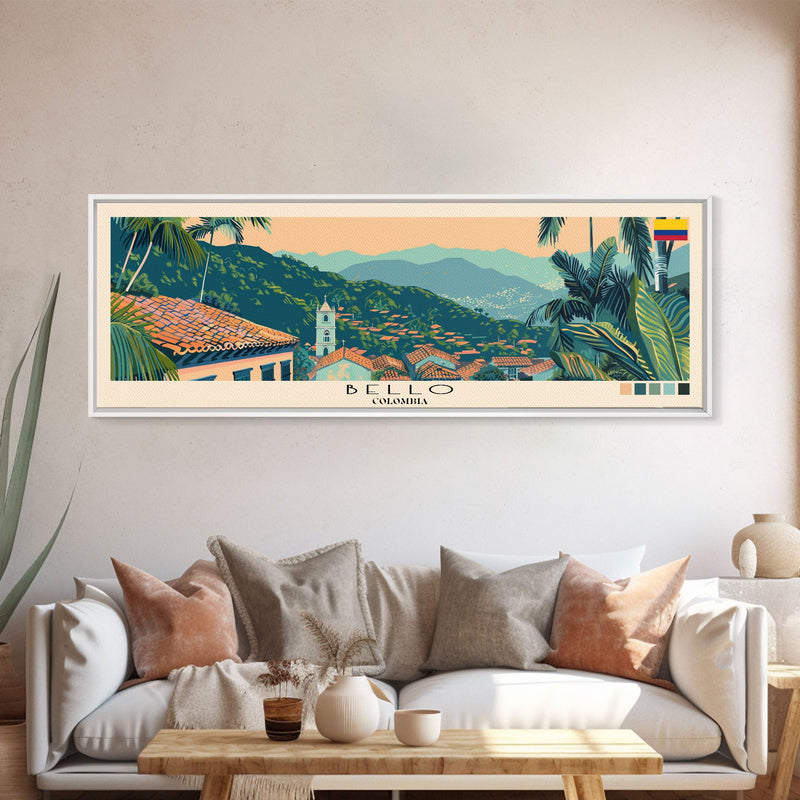 Bello, Colombia Panoramic Canvas Print, Bello, Colombia Painting, Colombia Art, Bello Travel Poster, Travel Art, Living Room Painting