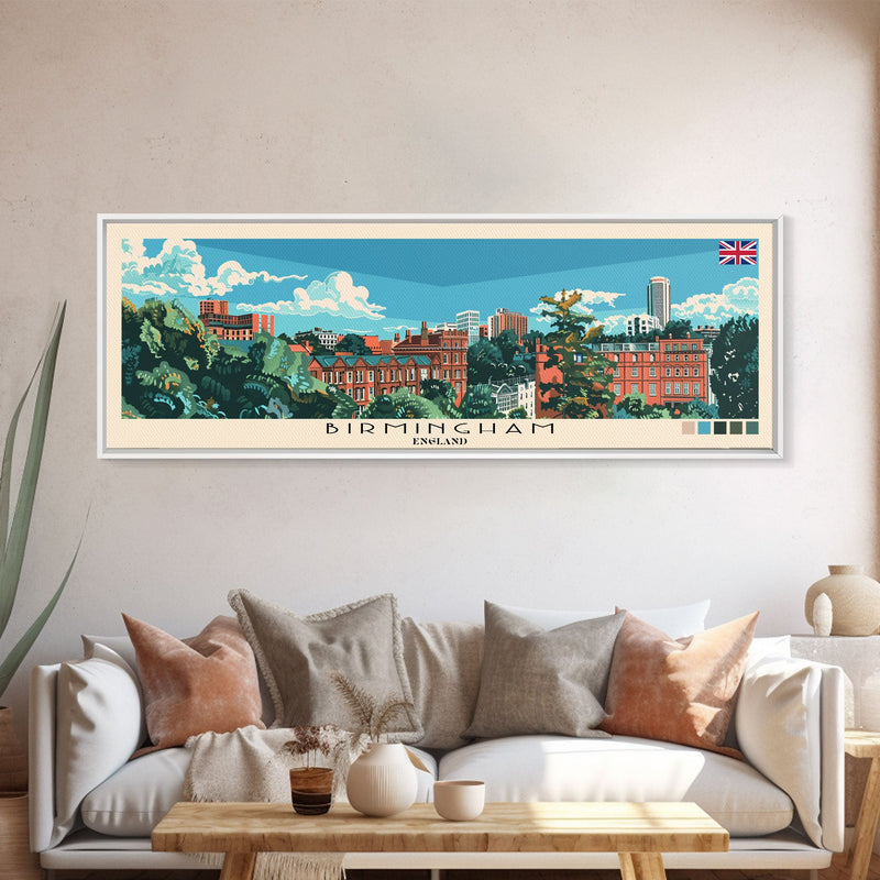 Birmingham, England Panoramic Canvas Print, Birmingham, England Painting, England Art, Birmingham Travel Poster, Travel Art, Guest Room Painting