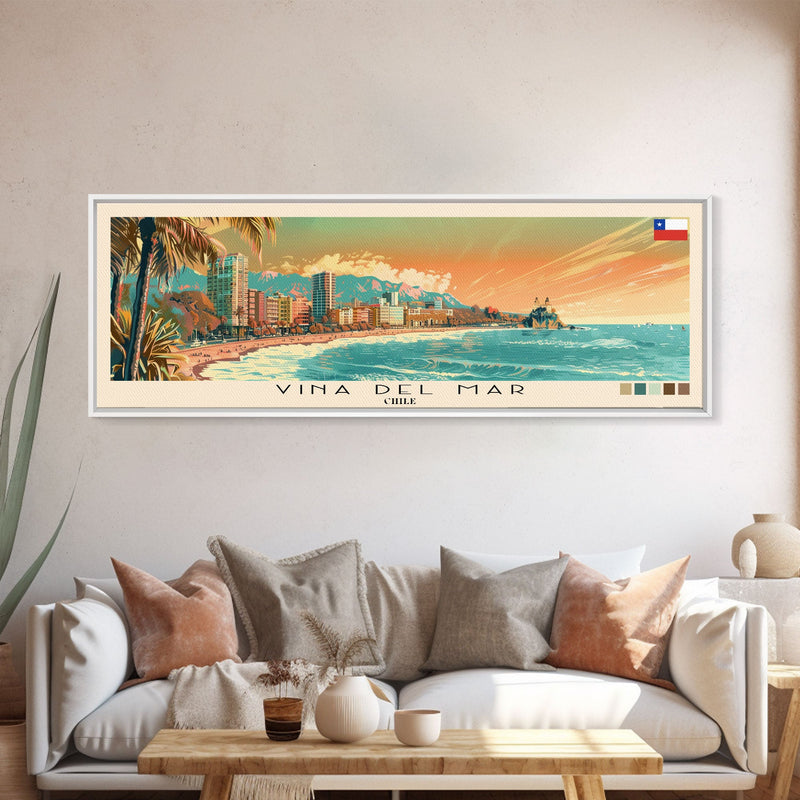 Vina del Mar, Chile Panoramic Canvas Print, Vina del Mar, Chile Painting, Chile Art, Vina del Mar Travel Poster, Travel Art, Living Room Painting