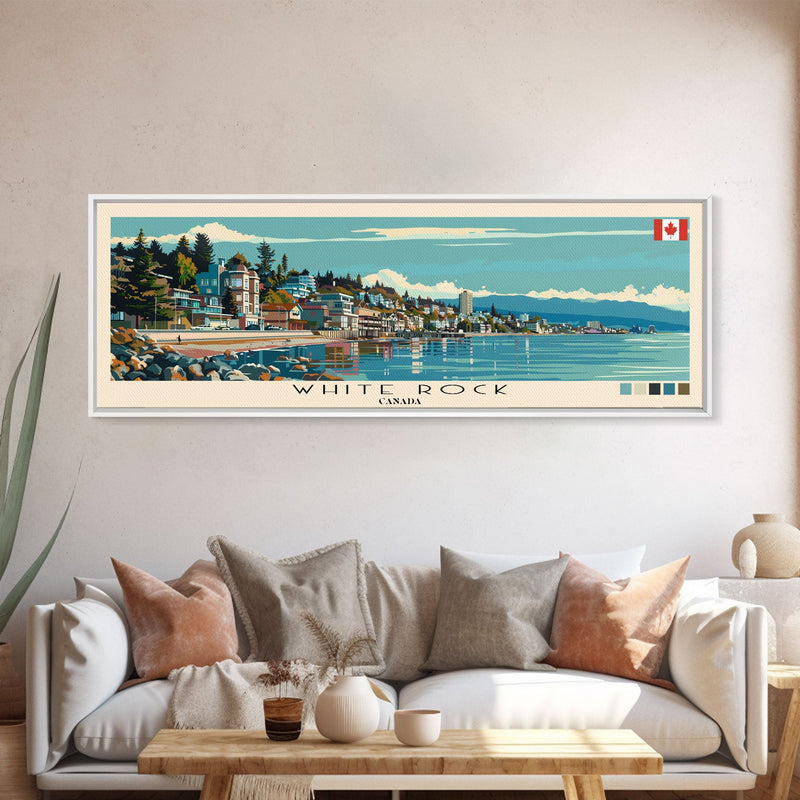 White Rock, Canada Panoramic Canvas Print, White Rock, Canada Painting, Canada Art, White Rock Travel Poster, Travel Art, Living Room Painting