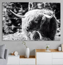Highland Cow Canvas Wall Art – Black and White Minimalist