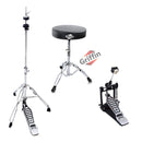 3 PACK GRIFFIN Drum Hardware Set - Bass Drum Kick Pedal, Drummers Throne Seat & Hi-Hat Cymbal Stand | Deluxe Chrome Slip-Proof Gear Holder Percussion Set for Mounting Crash, Ride & Splash Cymbals