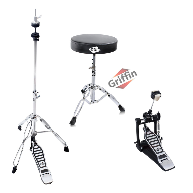 3 PACK GRIFFIN Drum Hardware Set - Bass Drum Kick Pedal, Drummers Throne Seat & Hi-Hat Cymbal Stand | Deluxe Chrome Slip-Proof Gear Holder Percussion Set for Mounting Crash, Ride & Splash Cymbals
