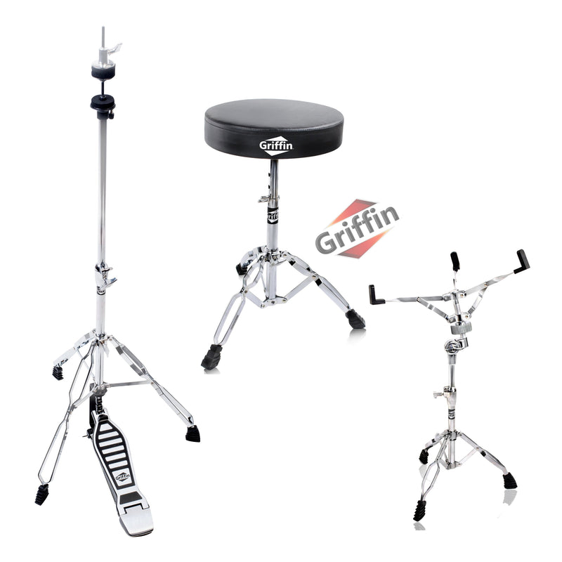 Hi-Hat Stand, Drummers Throne Seat & Snare Stand - 3 PACK Drum Hardware Set by GRIFFIN | Deluxe Chrome Slip-Proof Gear Holder Percussion Kit for Mounting Hihat Cymbals, and Snare Drums