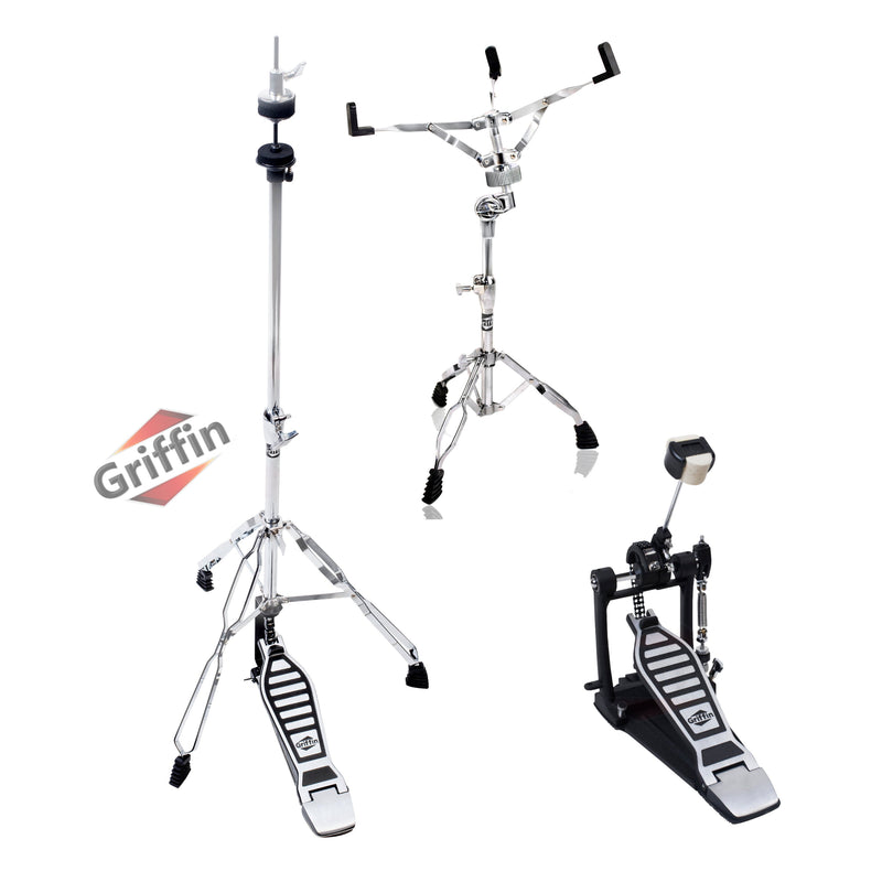3 PACK - Hi-Hat Stand, Kick Drum Pedal & Snare Stand Hardware Kit by GRIFFIN | Deluxe Full Size Percussion Chrome Hardware Set | Lightweight, Portable & Mobile, Perfect for Drummer Gigs