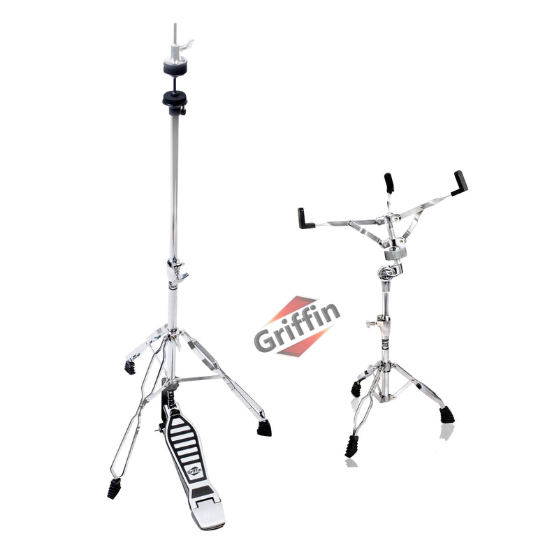 2-PACK Drum Hardware Set- Hi-Hat Stand & Snare Drum Stand by GRIFFIN | Hi Hat Cymbal Pedal With Pull Chain | Chrome Double Braced Kit | Mount Basket for Standard Snares, Tom Drums & Practice Pad
