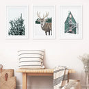 Rustic Christmas Wall Art Set. Trees, Deer, Green Log Cabin by Wall Art Set