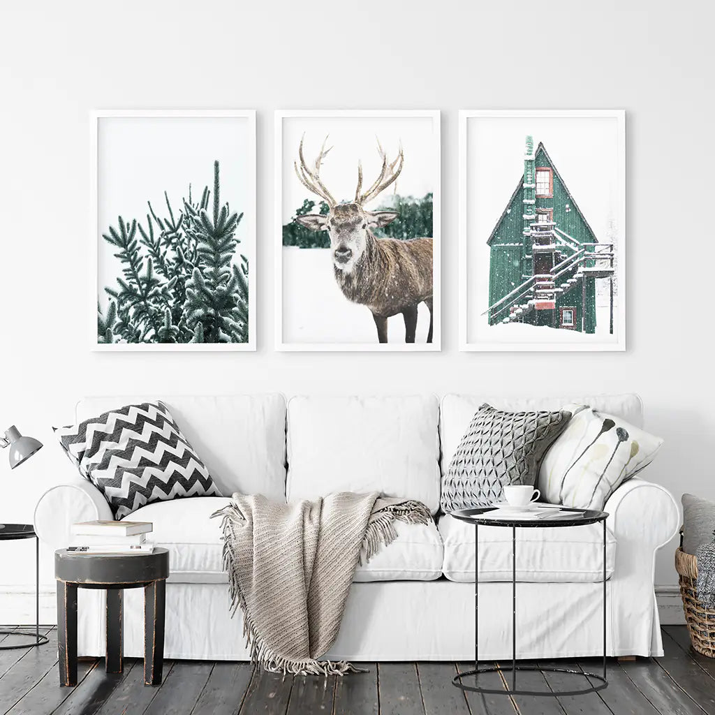 Rustic Christmas Wall Art Set. Trees, Deer, Green Log Cabin, photo 2 of 13