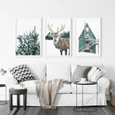 Rustic Christmas Wall Art Set. Trees, Deer, Green Log Cabin by Wall Art Set