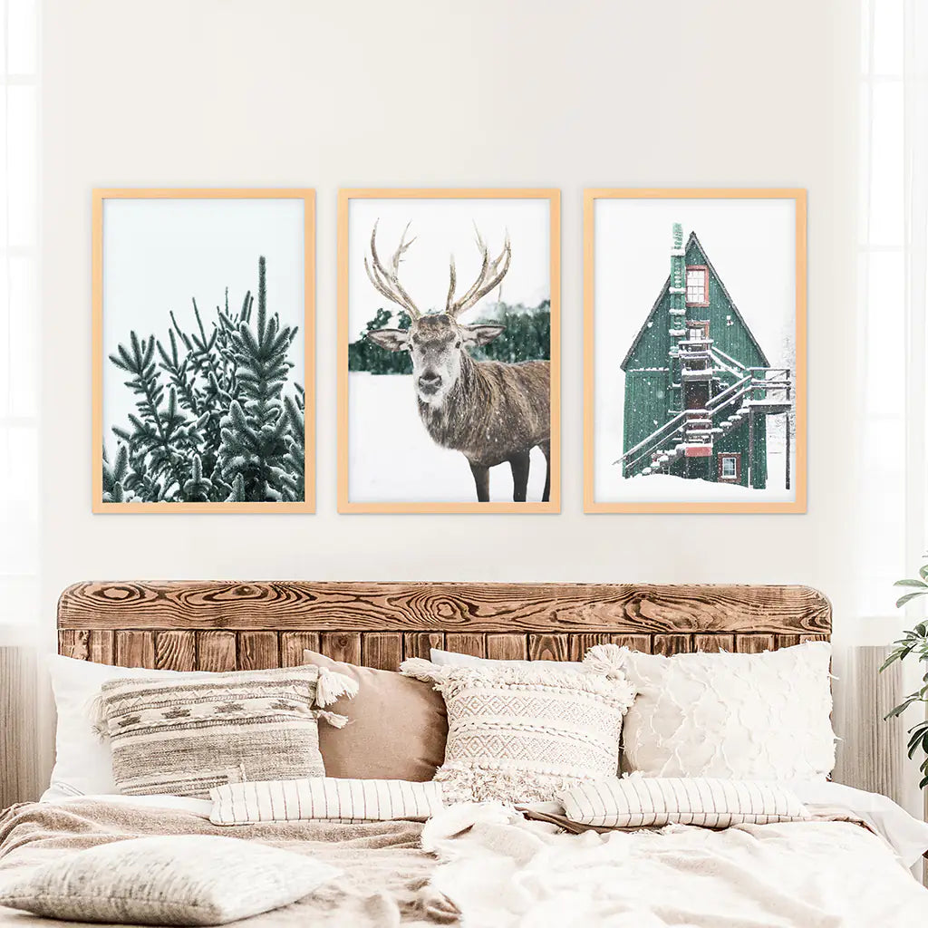 Rustic Christmas Wall Art Set. Trees, Deer, Green Log Cabin, photo 8 of 13