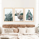 Rustic Christmas Wall Art Set. Trees, Deer, Green Log Cabin by Wall Art Set