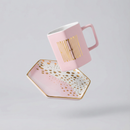 Homebody Hexagon Mug and Saucer Set in Pink with Gold Dot Pattern
