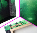 Emerald green city streets under a full moon, cool spooky art, framed canvas print
