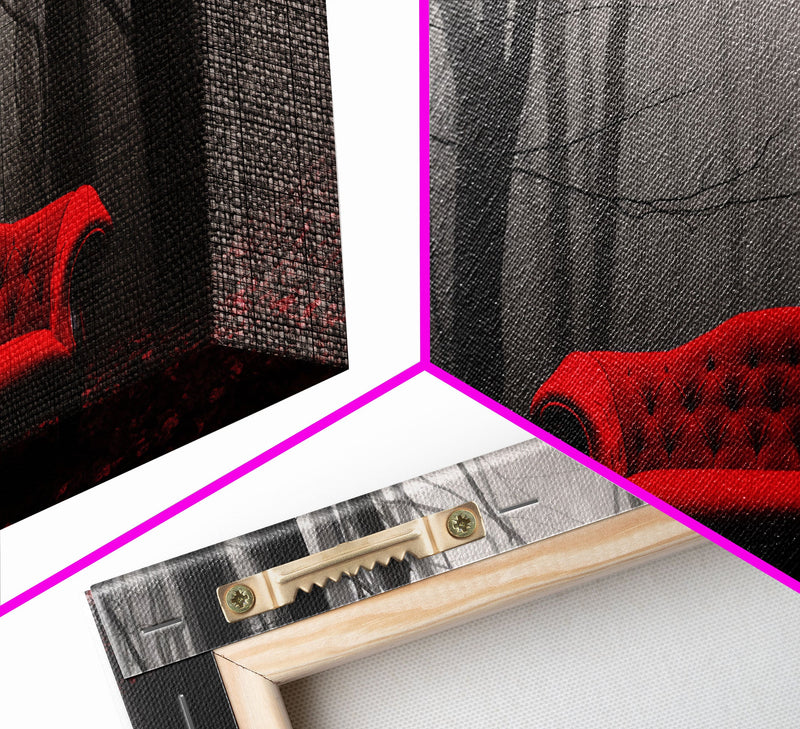 Red Sofa In A Forest Framed Canvas Print, Thought Provoking Art, Framed Art, Creepy Photography, Halloween Art