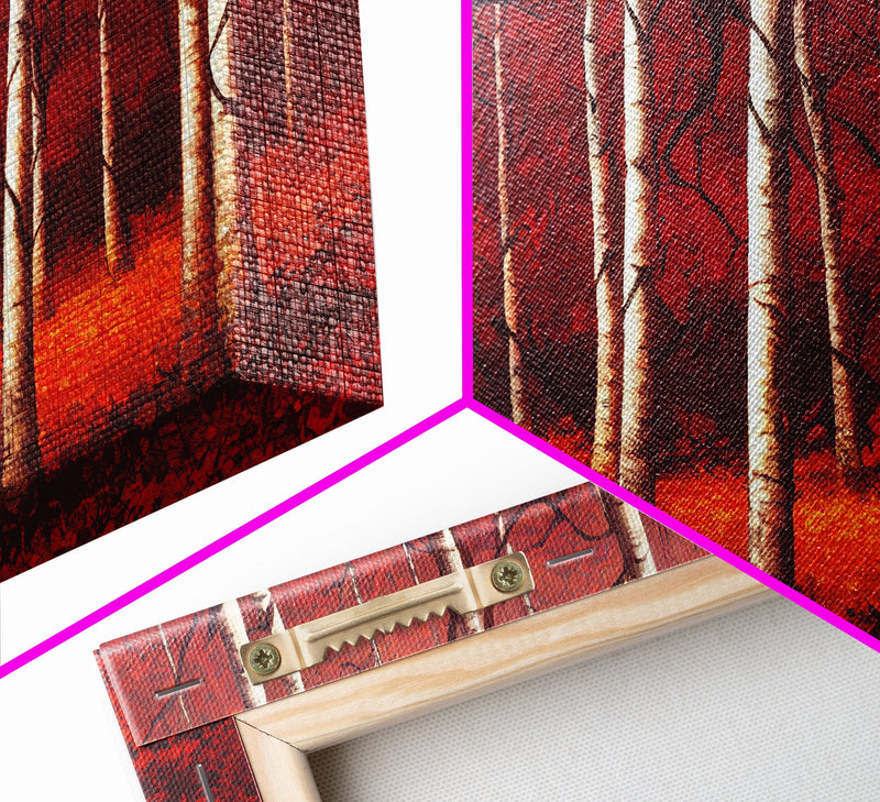 Birch Trees, Haunted birch forest, blood red forest, framed canvas print, ready to hang framed wall art