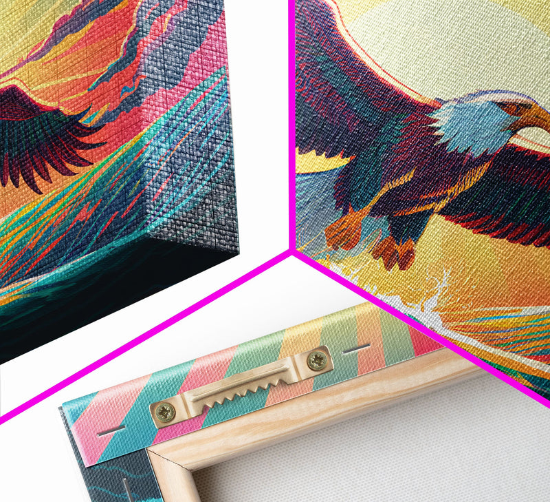 American Bald Eagle, Panoramic Wall Art, Framed Canvas, Retro Style Eagle Painting, Synthwave Ocean Sunset Art