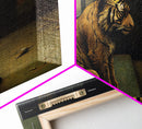 Tiger in a Subway train car, Post-apocalyptic urban decay art, framed canvas print