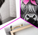 Cute Highland Cow wearing a Bow, Pink Bow on a Cute Cow, framed canvas print, black and white farmhouse cow art