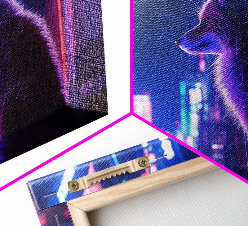 Alley Fox, Cyberpunk city, framed canvas print, urban decay art