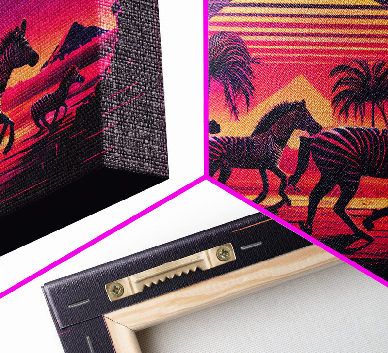 Zebra running through the plains, synthwave art, framed canvas print, framed wall art