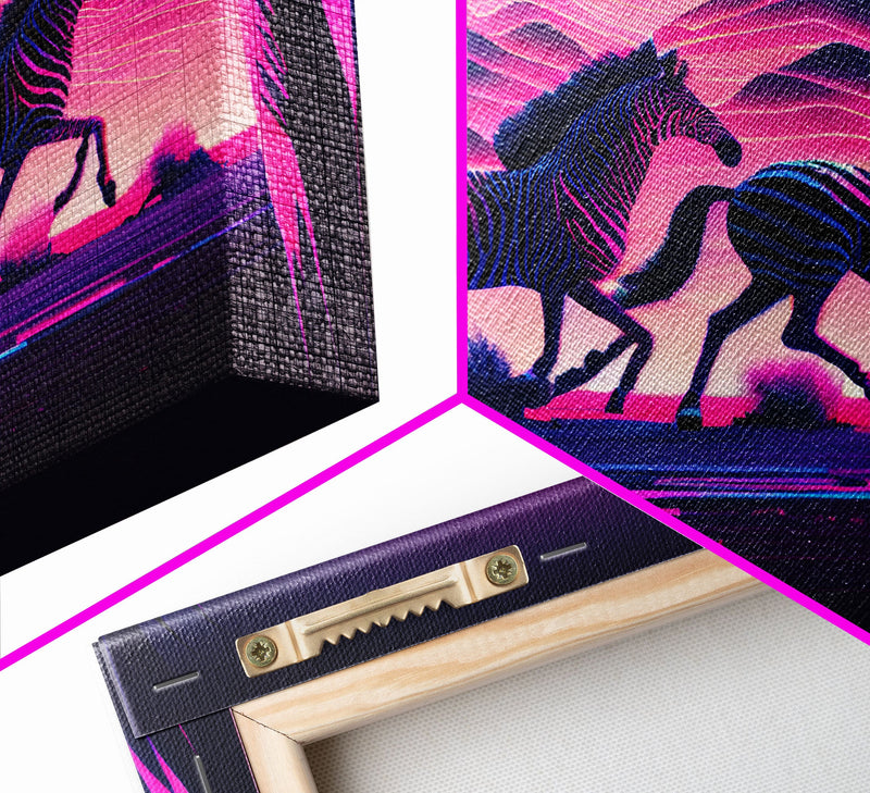 Zebras running through the plains, synthwave art, framed canvas print, framed wall art