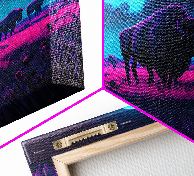 American Buffalo, Retrowave art, herd of Bison and a full moon, framed canvas print