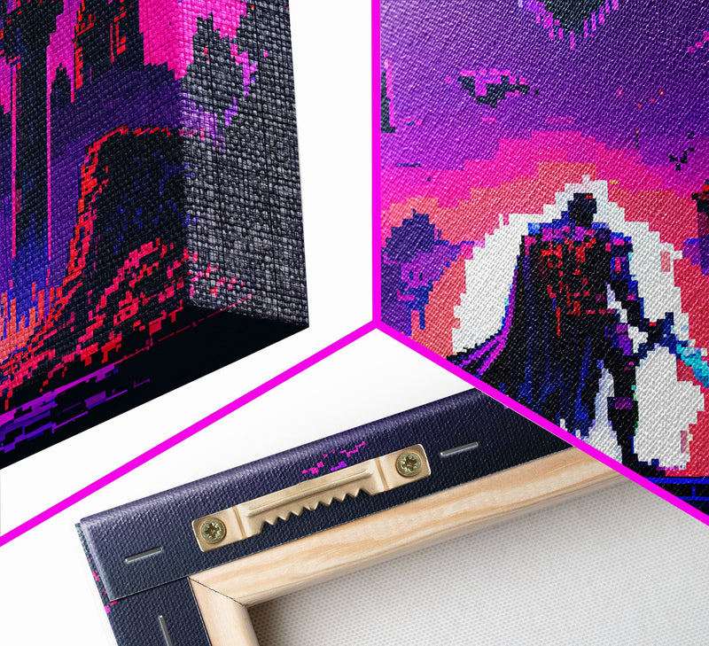 Barbarian vs Vampires, pixel art, DND RPG concept art, vaporwave aesthetic gamer room art, framed canvas print