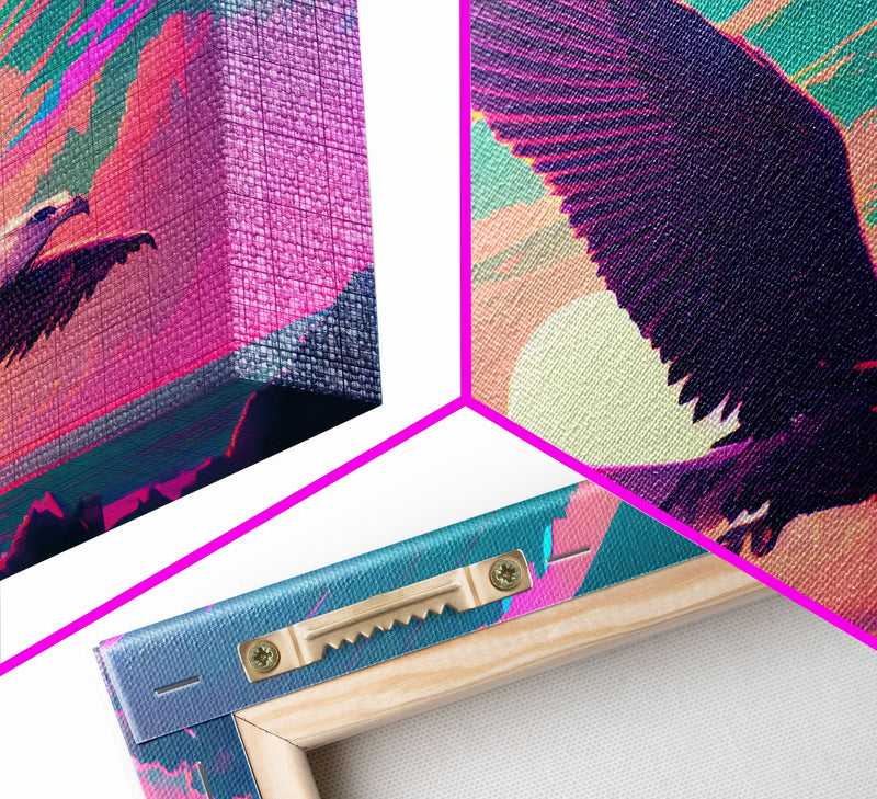 Bald eagle in flight, vaporwave sunset, vaporwave art, framed canvas print, pink and turquoise art