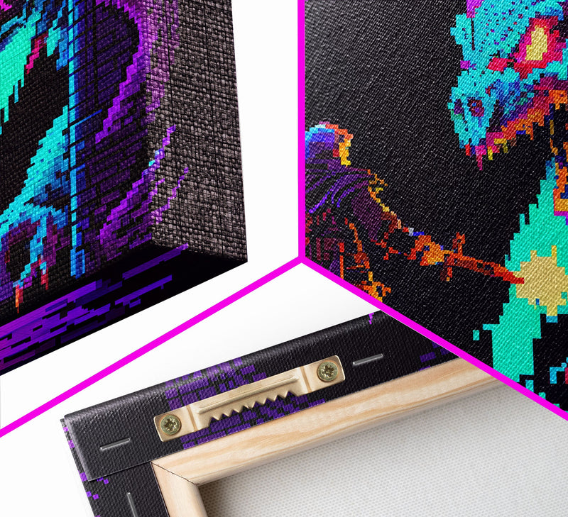 Wizard VS Hydra, RPG pixel art, vaporwave aesthetic video game pixel art, framed canvas print