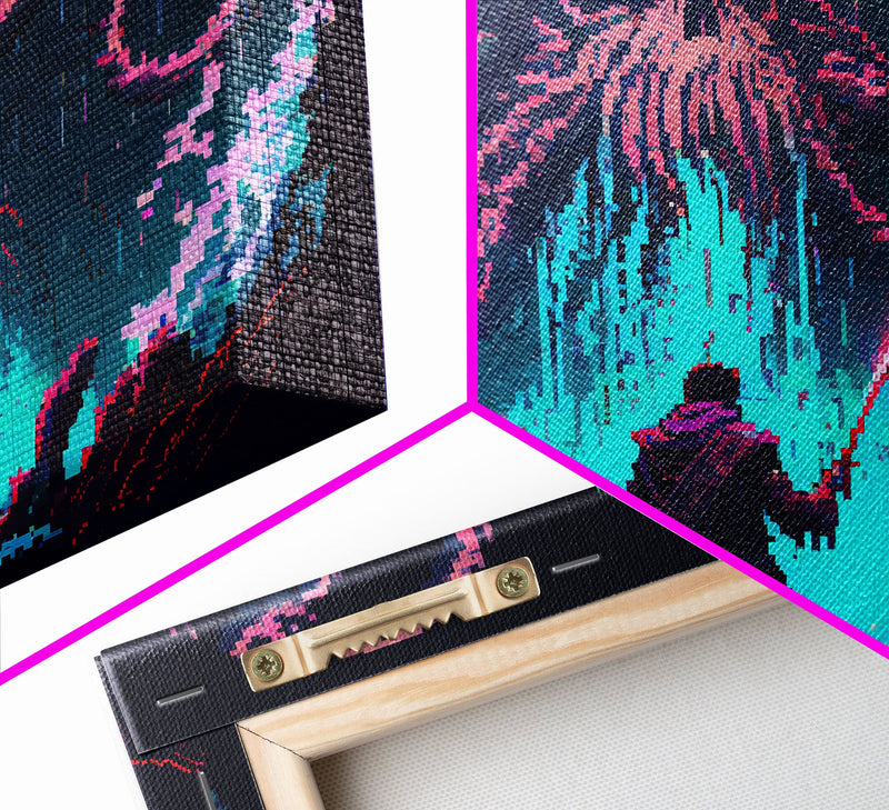 Warrior Vs Cthulhu, RPG concept pixel art, framed canvas print, outrun video game art