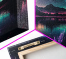 Vaporwave starry night over an Alaskan lake, Aurora borealis, framed canvas print, pastel nature art