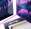 Reflections on the lake at midnight, framed canvas print, vaporwave aesthetic, purple sky
