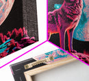 Howl at the moon, wolf art, framed canvas print, synthwave / vaporwave art
