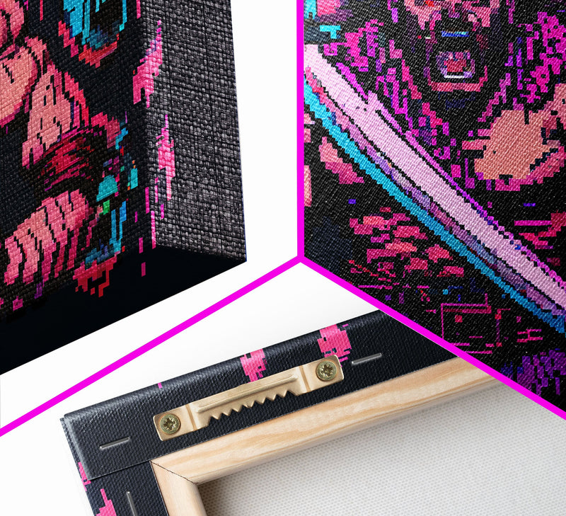 Barbarian pixel art, vaporwave RPG concept art, framed canvas print